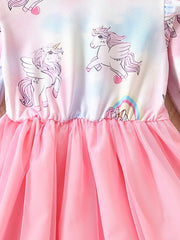 Girls' Long Sleeve Unicorn Tutu Dress Frill Trims for Party Birthday