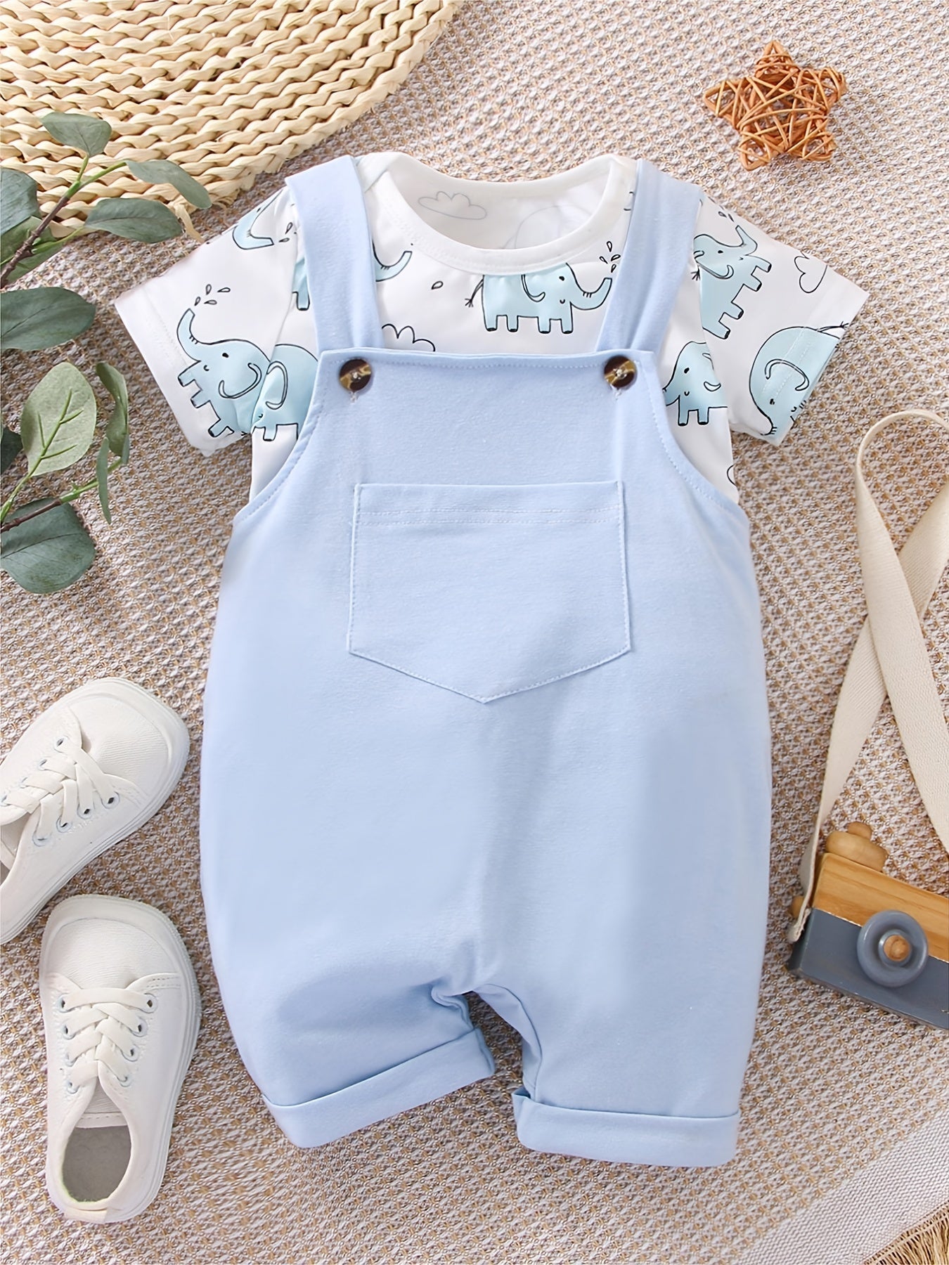 Baby Boys Elephant Print Romper & Overall Pants Set