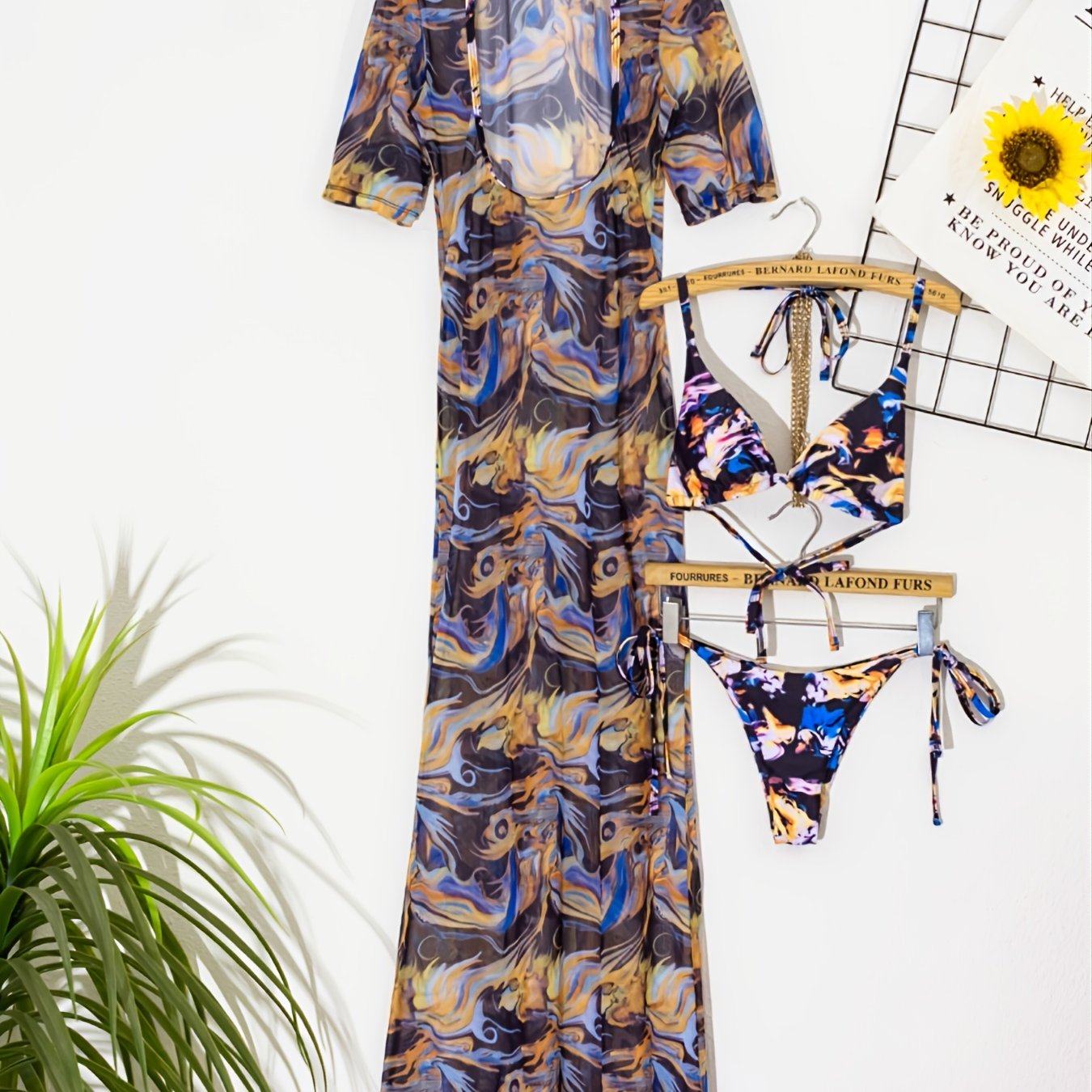 Colorful Splash Print Bikini Set with Sheer Dress
