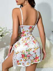 Floral Print Side Split Nightdress Deep V Backless Slip Sleep Dress