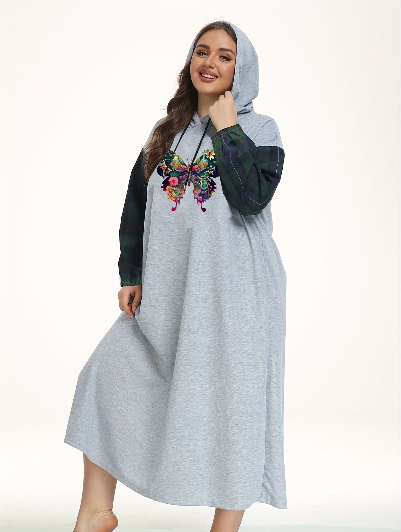 Butterfly Print Plaid Sleeved Hooded Sleep Dress