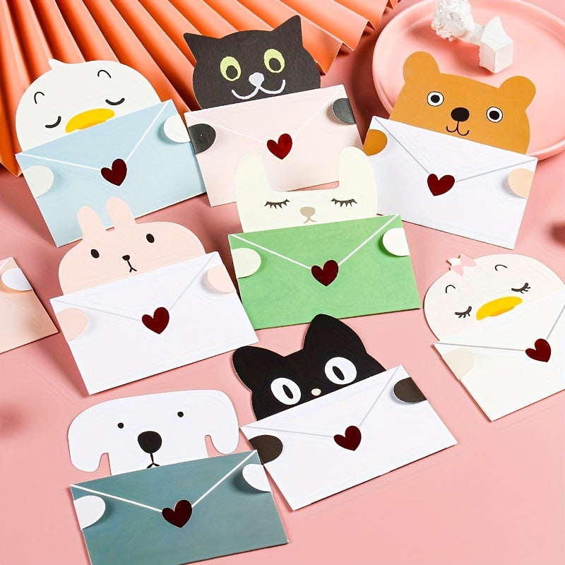 9pcs Cartoon Envelope Greeting Card Holiday Wishes Postcards Of Animals
