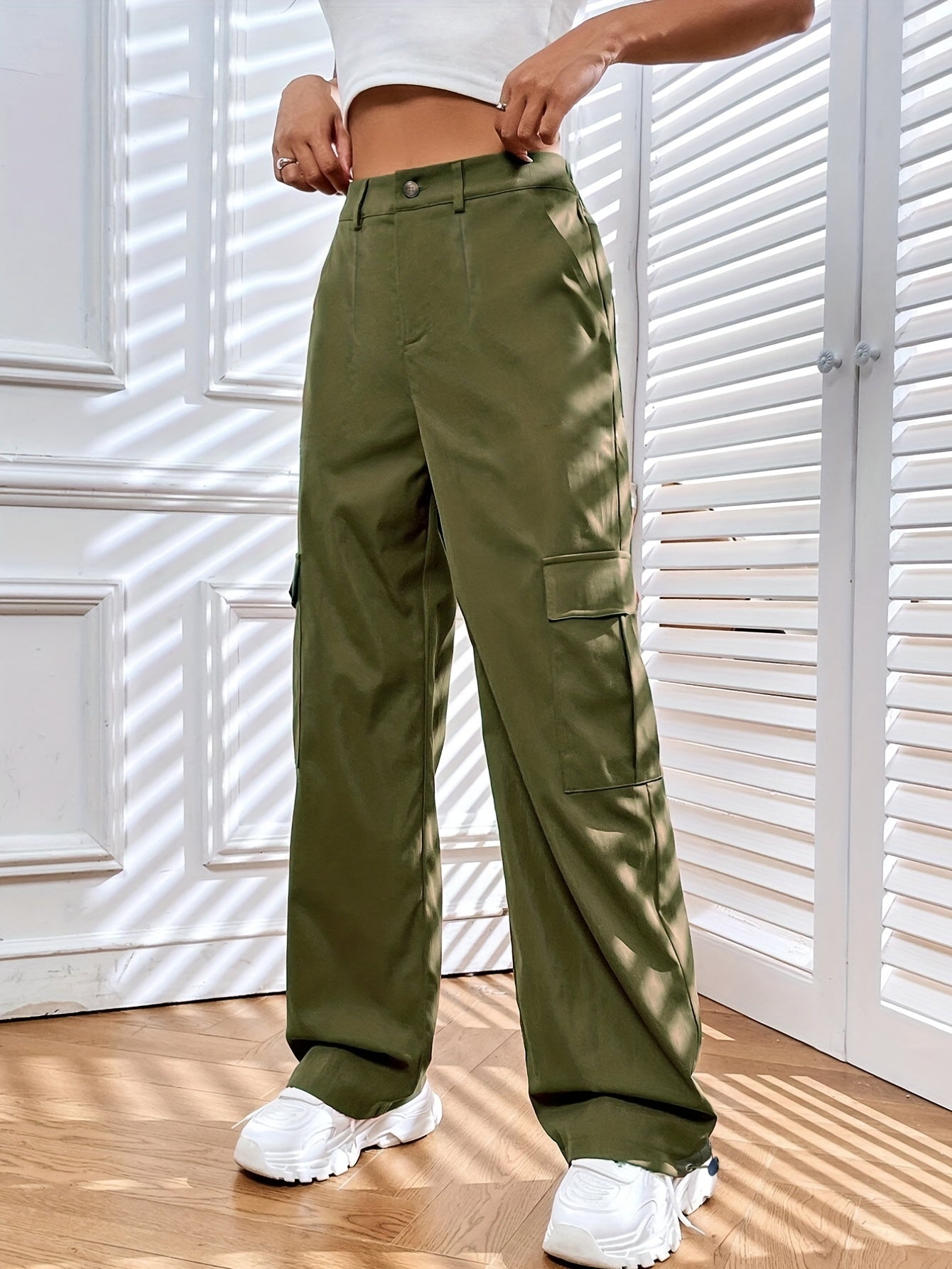 Solid Pocket Cargo Pants Casual Loose Elastic Waist Pants Women's Clothing