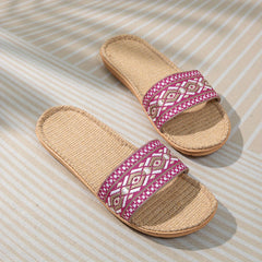 Women's Geometric Pattern Linen Slides Open Toe Flat Shoes