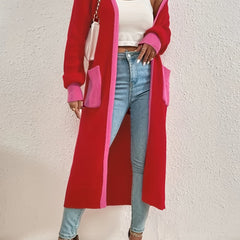 Open Front Knit Cardigan with Contrast Trim and Pocket