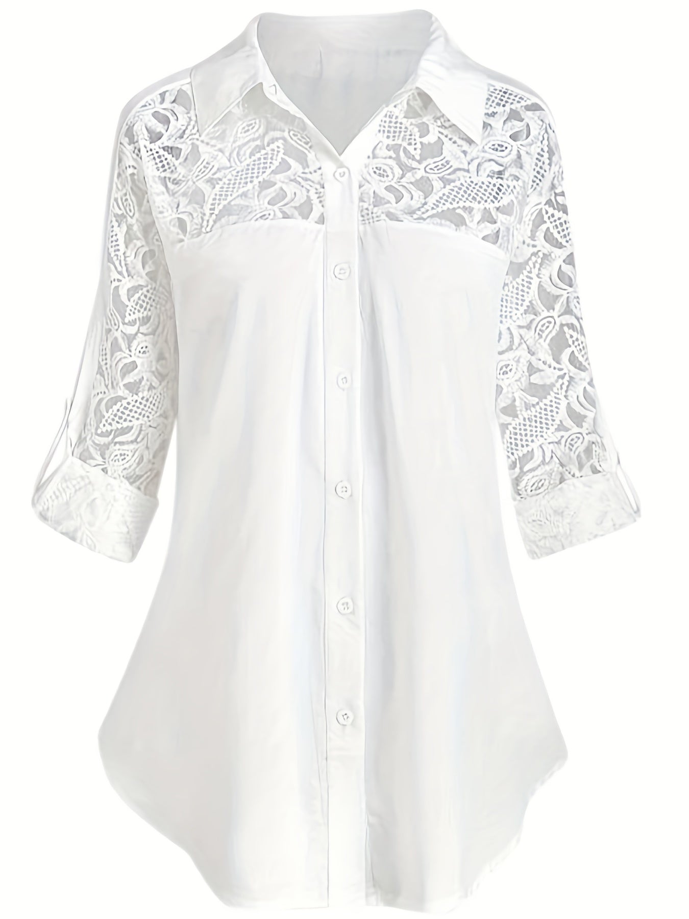 Casual Blouse Women's Contrast Lace Button Up Roll Up Sleeves