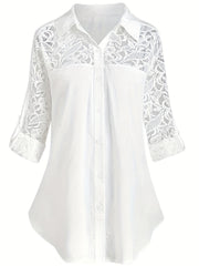 Casual Blouse Women's Contrast Lace Button Up Roll Up Sleeves
