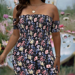 Floral Print Tube Romper Women's Plus Shirred Slight Stretch
