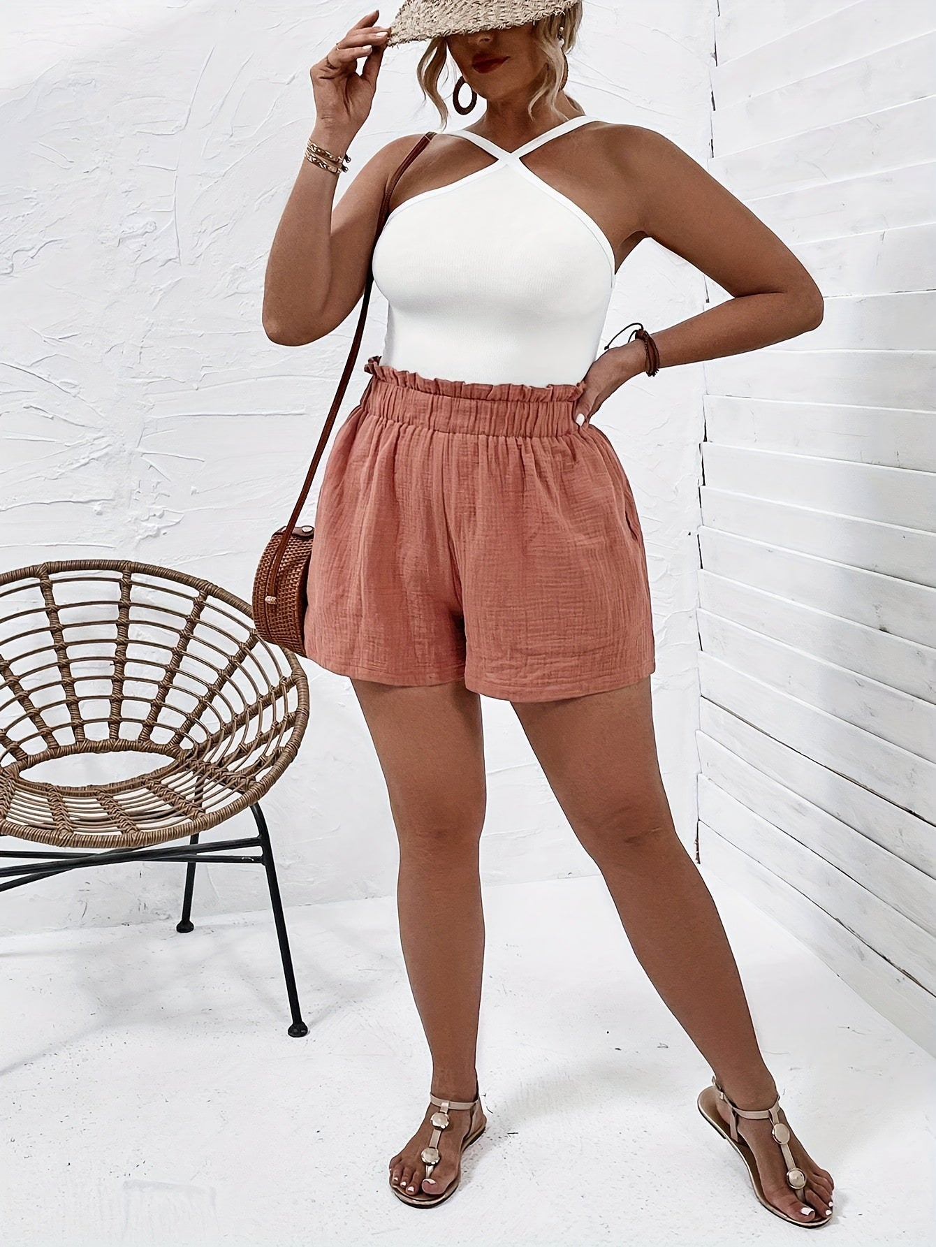 Women's Plus Textured High Rise Loose Fit Shorts