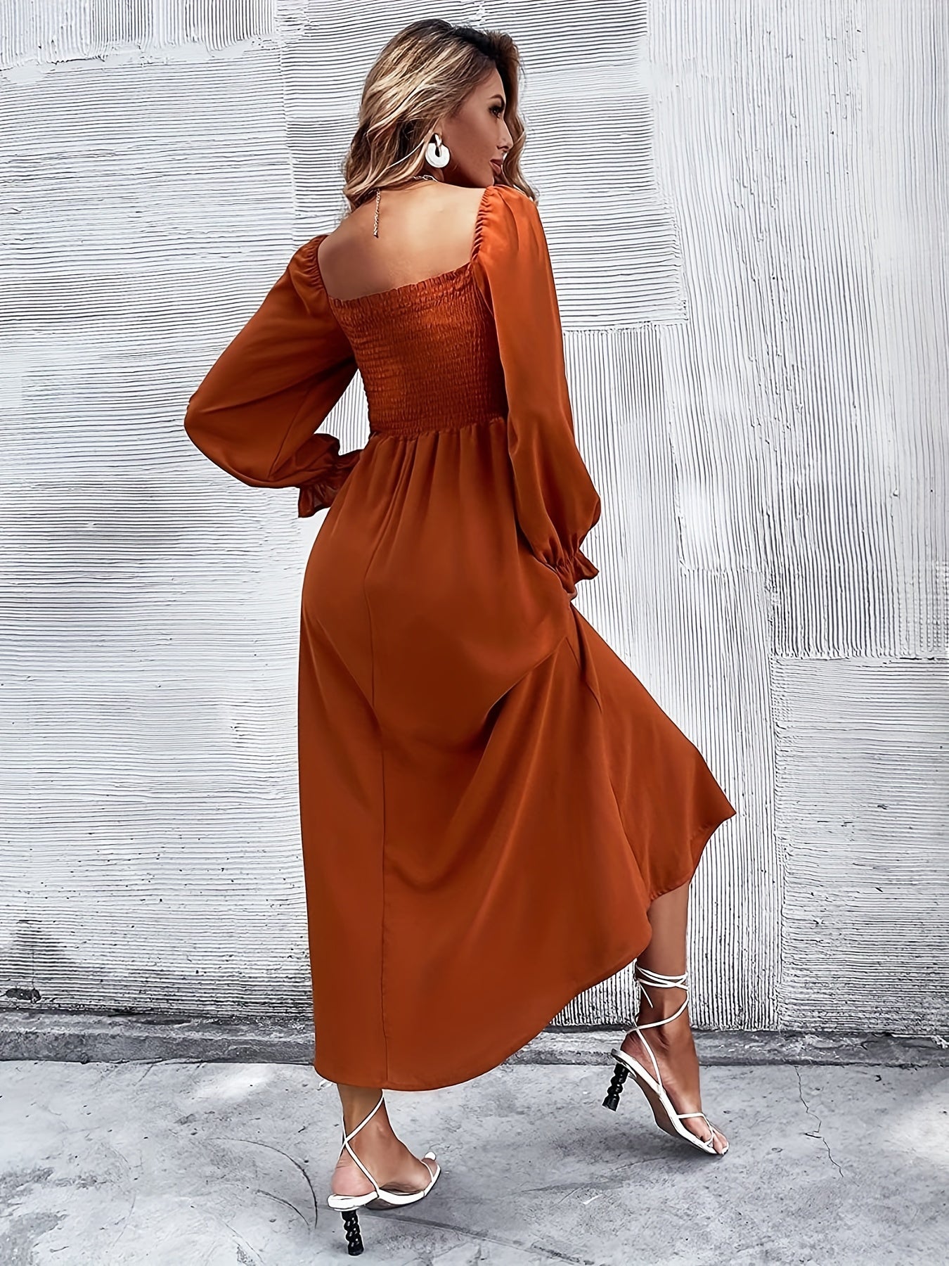 Solid Squared Neck Maxi Dress Ruffle Trim Shirred Long Sleeve