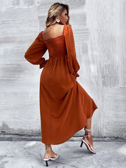 Solid Squared Neck Maxi Dress Ruffle Trim Shirred Long Sleeve