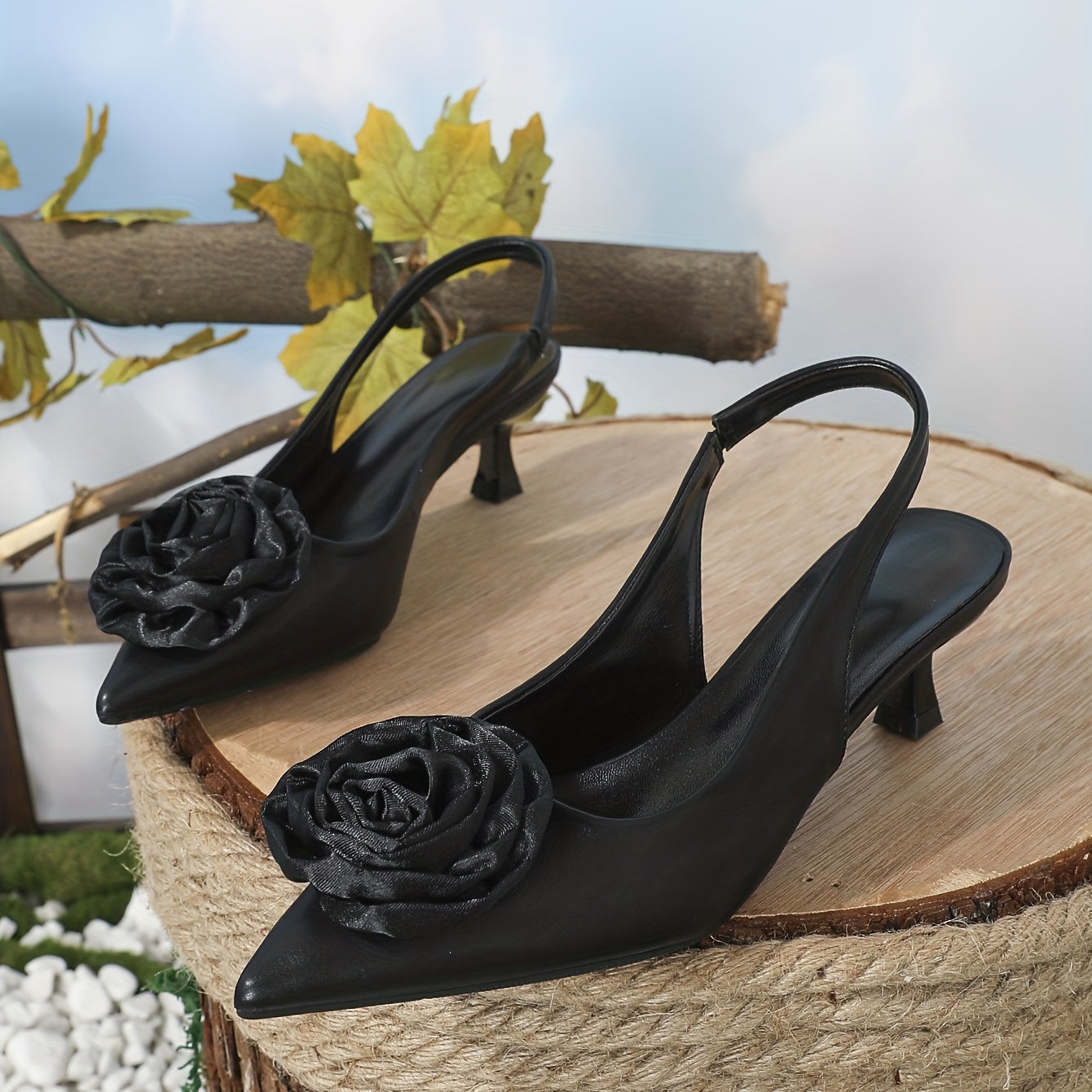 Women's Satin Rose Kitten Heels Pointed Toe Slingback Low Heels