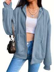 Women's Zip Up Solid Hoodie Long Sleeve Casual Sweatshirt