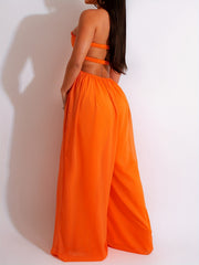 Wide Leg Halter Neck Jumpsuit Ruched Cut Out Jumpsuit