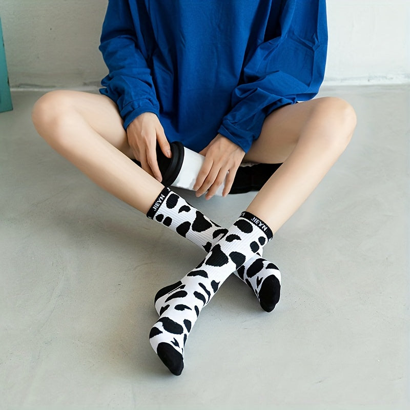 6 Pairs Cow Spot Print Socks Breathable Letter Print Stockings