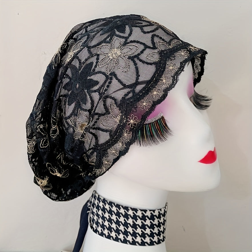 Vintage Embroidery Turban Cap Mesh Lace Head Wrap Elastic Beanie Women Bonnet