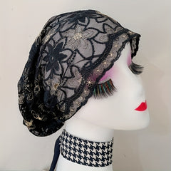 Vintage Embroidery Turban Cap Mesh Lace Head Wrap Elastic Beanie Women Bonnet