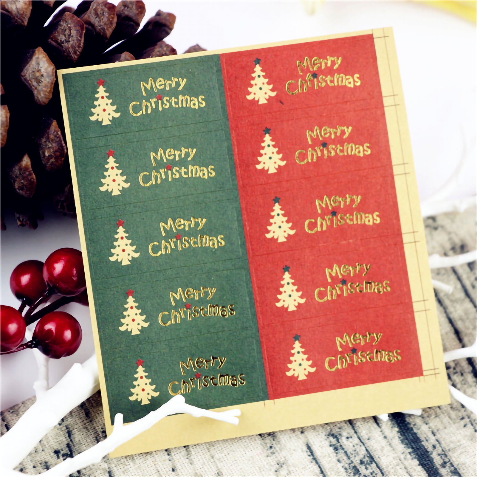 Festive Christmas Tree Red & Green Gift Stickers - Set of 50