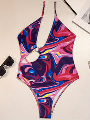 One Shoulder Cut Out High Cut Pink & Purple Swimsuit