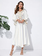 Floral Embroidered Abaya Dress Long Sleeves V Neck Maxi