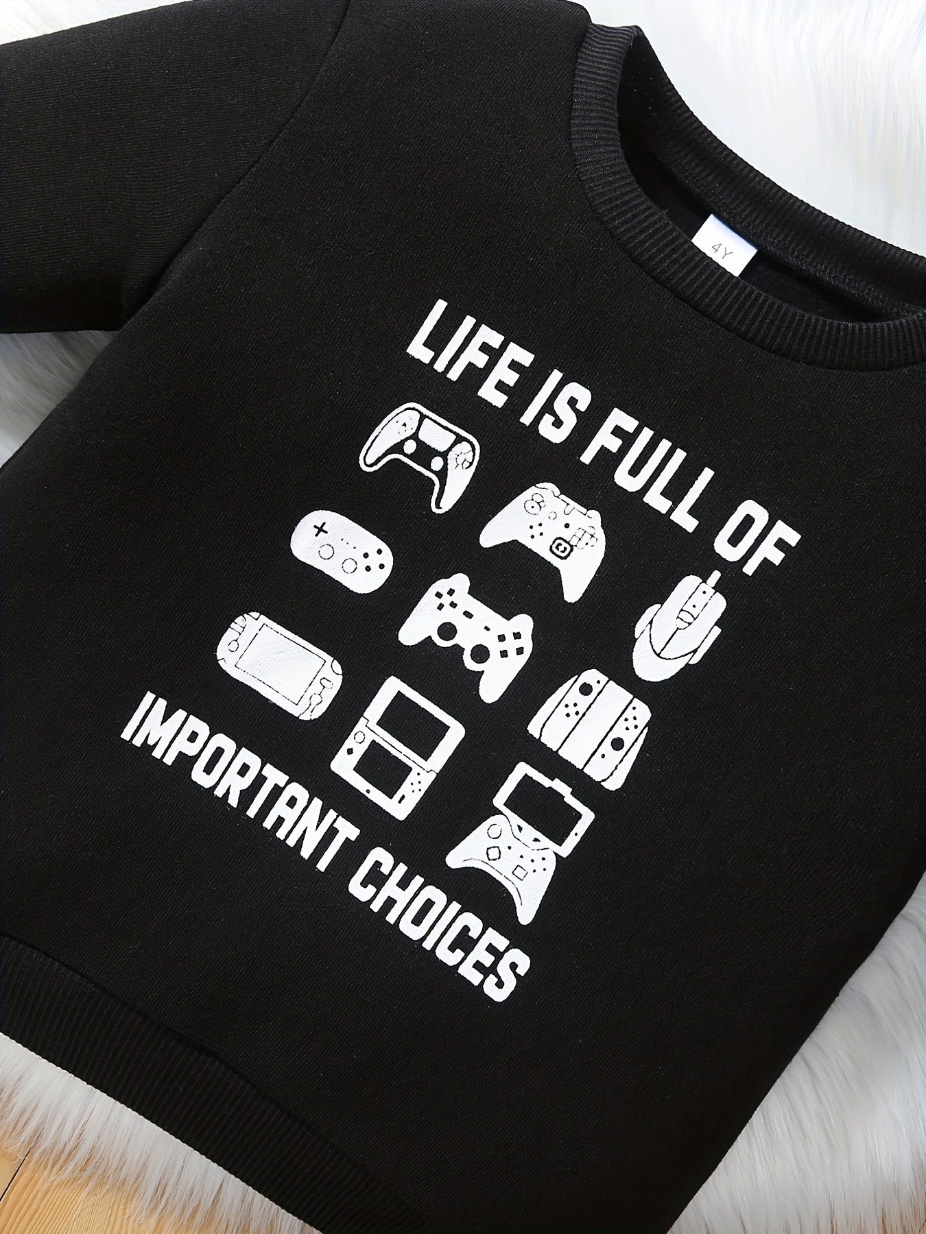 Kid's Cartoon Gamepad Sweatshirt with Important Choices Print
