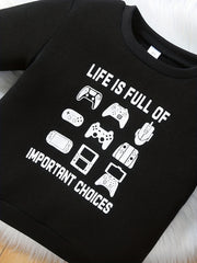 Kid's Cartoon Gamepad Sweatshirt with Important Choices Print