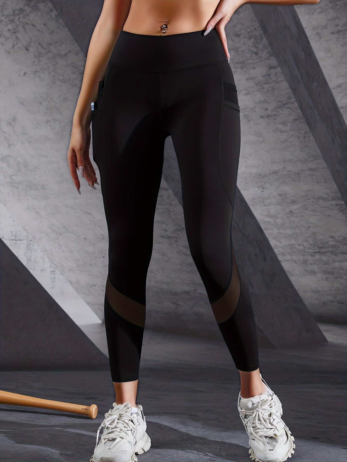 Women's Tummy Control Yoga Leggings Mesh Contrast Tight Fitting Pants