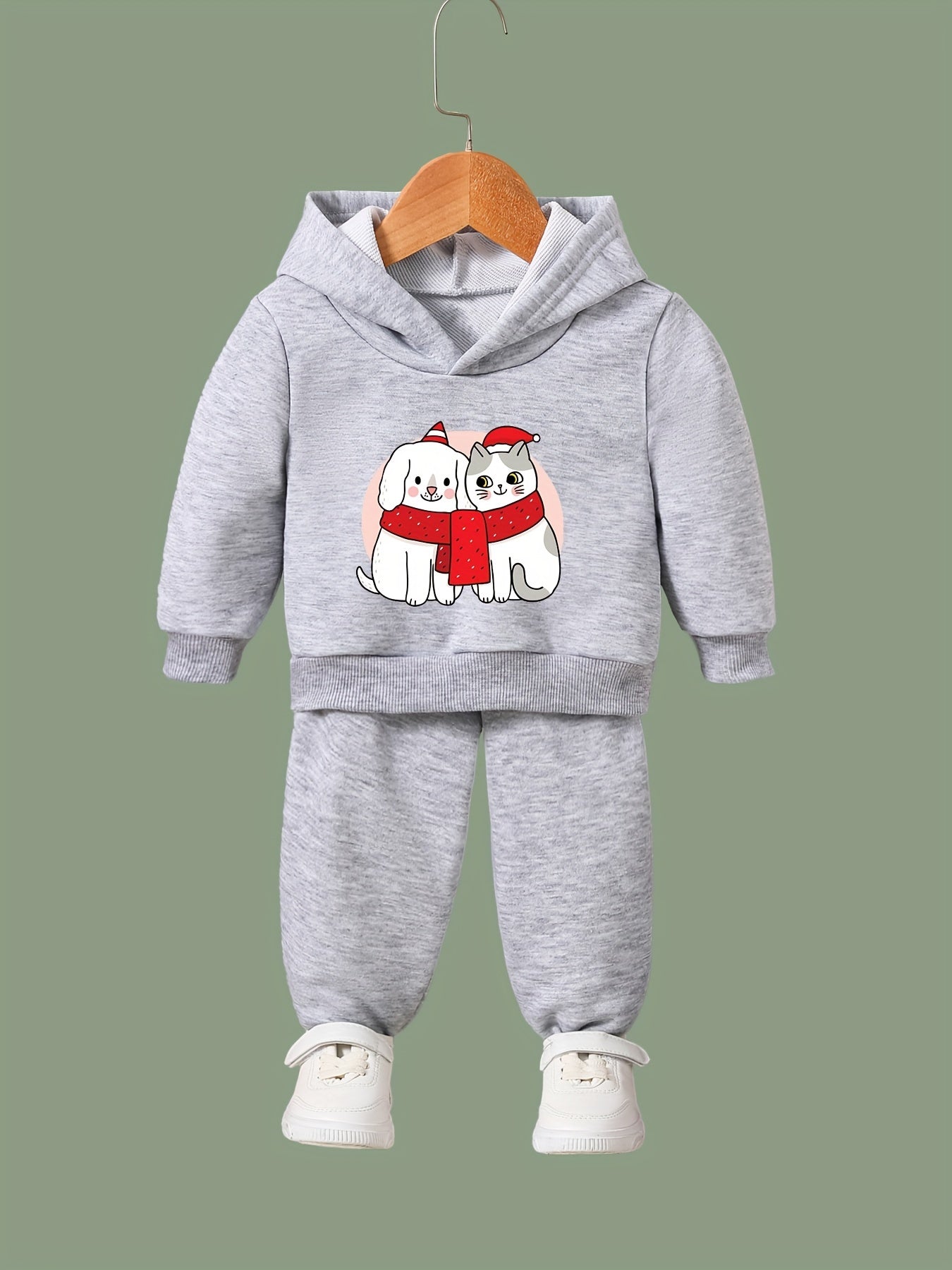 Lovely Puppy & Kitty Print Hoodies Jogger Set for Girls