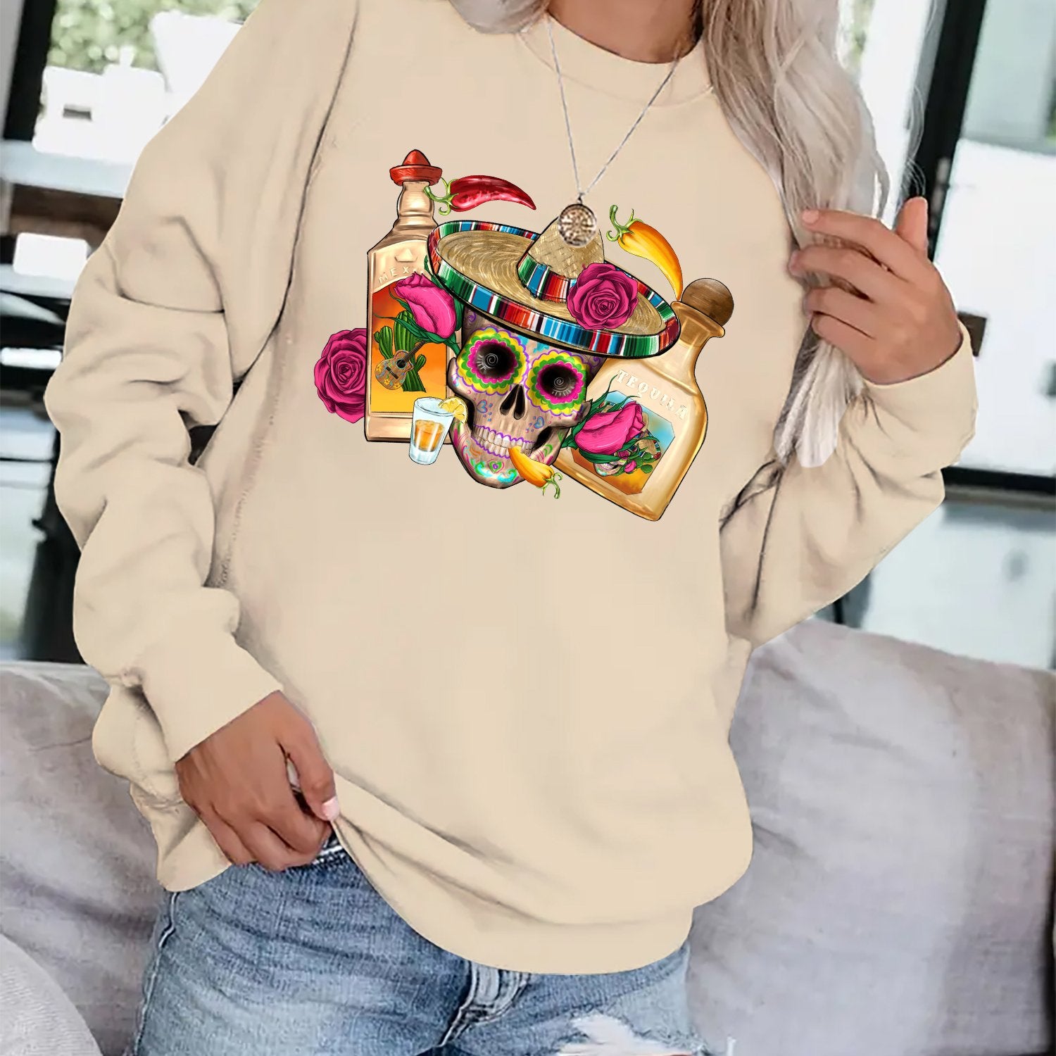 Funny Skull Print Pullover Sweatshirt Long Sleeve Casual Winter Wear