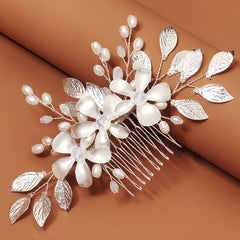 Bride Hair Comb Silvery Leaves Faux Pearl Bridal Hair Side Combs