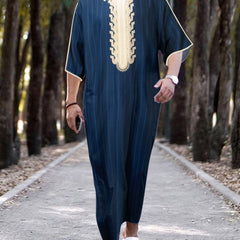 Muslim Men Striped Short Sleeve Thobe Kaftan Islamic Dubai Robes Ramadan Dishdas
