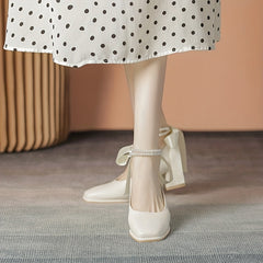 Chunky Heeled Dress Shoes Square Toe Faux Pearl Ankle Strap Mid Heels