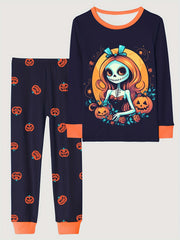 Skull Girl Pattern Kid's Pajamas Set Halloween Style Comfy PJ Girl's Loungewear