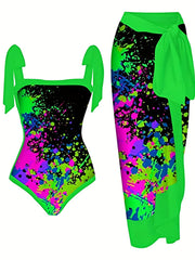 Green Graffiti Print Tie Shoulder One Piece Swimsuit Set