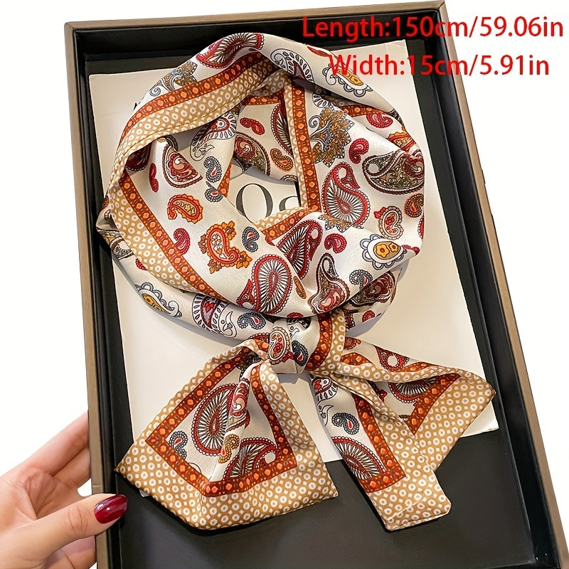 Vintage Paisley Print Skinny Scarf Long Ribbon Neckerchief Satin Twilly