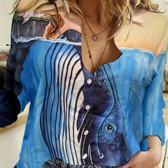 Painting Print Button Up Long Sleeve Shirt Top