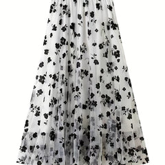 Plant Print Mesh Maxi Skirt High Waist Women's Clothing
