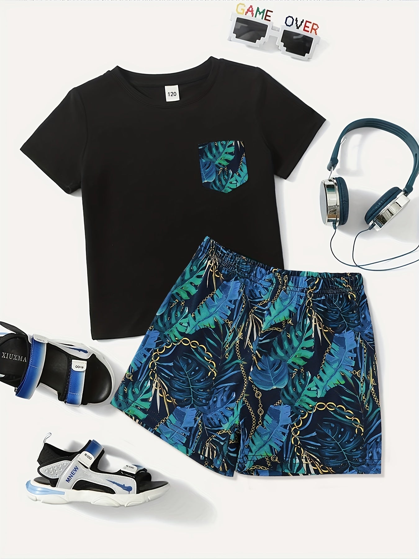 Boys Teen Casual Pocket Patched T shirt & Leaf Shorts Set for Summer