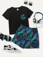 Boys Teen Casual Pocket Patched T shirt & Leaf Shorts Set for Summer