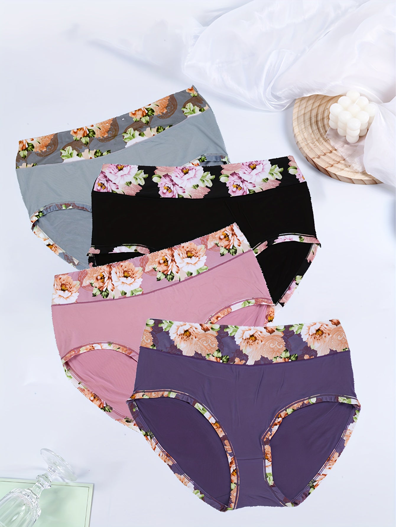 4 Pack Plus Size Panties Set Women's Soft Floral Print Stretch Underwear