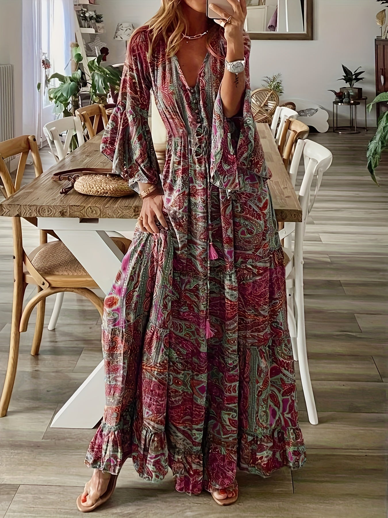 Plus Size Boho Dress Women's Paisley Floral Bell Sleeve V Neck Maxi