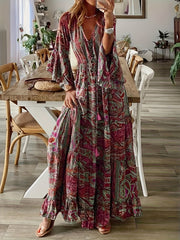 Plus Size Boho Dress Women's Paisley Floral Bell Sleeve V Neck Maxi