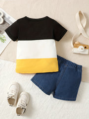 3 Stitching T shirt Ripped Jeans Outfit Baby Boys Casual 2pcs Set