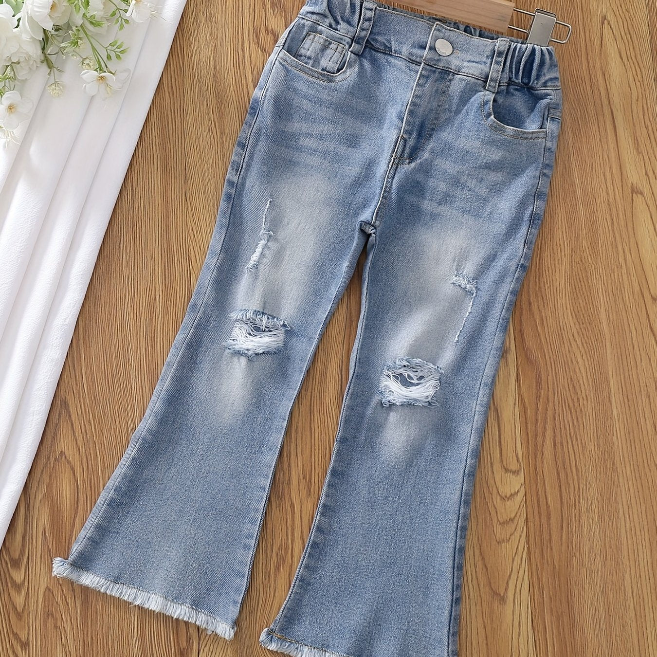 Girls Denim Flared Leg Pants Kids Stretch Skinny Trousers Zipper Casual Pants