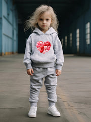 Girls Heart Pattern Hooded Sweatshirt Top Sweatpants Set
