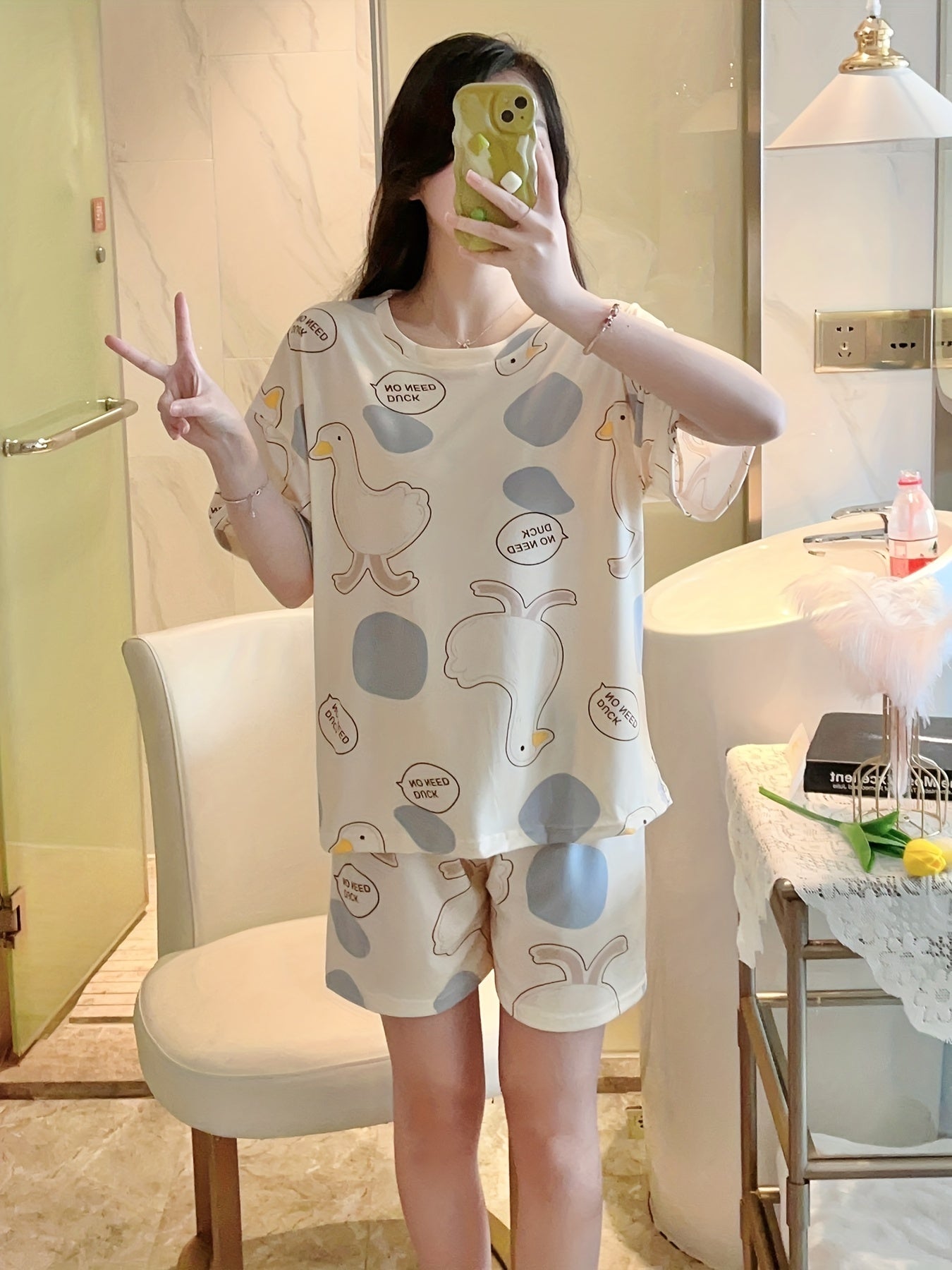 Duck Print Pajama Set Short Sleeve Crew Neck Top & Shorts