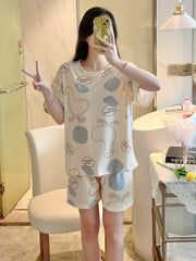 Duck Print Pajama Set Short Sleeve Crew Neck Top & Shorts