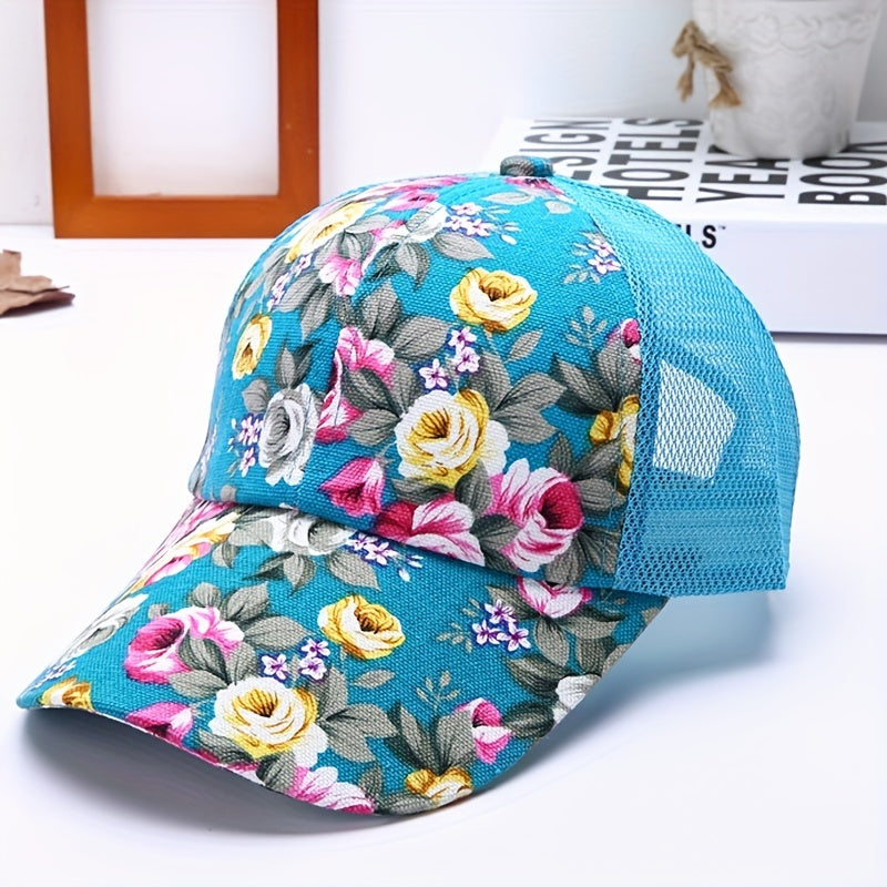 Flower Print Colorful Trucker Hat Mesh Baseball Cap Sunscreen Dad Hats