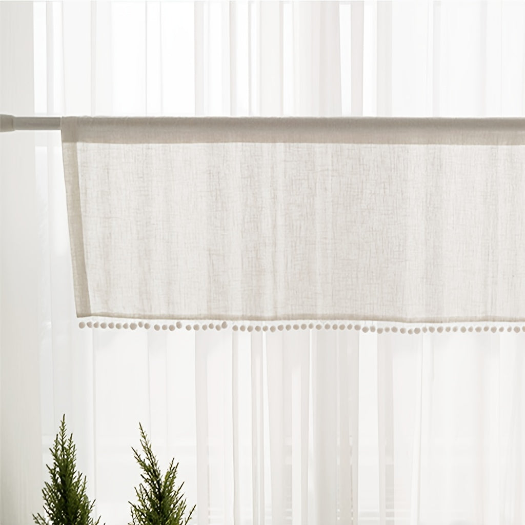 Boho Cotton Linen Curtain with Pom Poms Rod Pocket for Home Decor