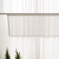 Boho Cotton Linen Curtain with Pom Poms Rod Pocket for Home Decor